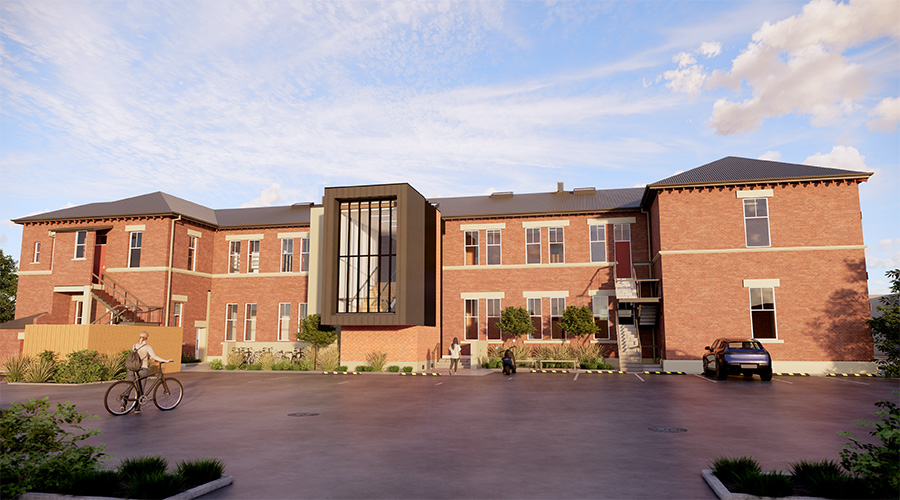 HMOA render of Hokitika Government Building. Exterior, Back View