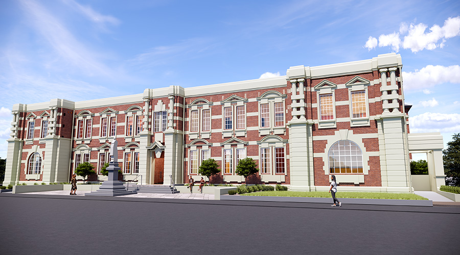 HMOA render, street view of Hokitika Government Building