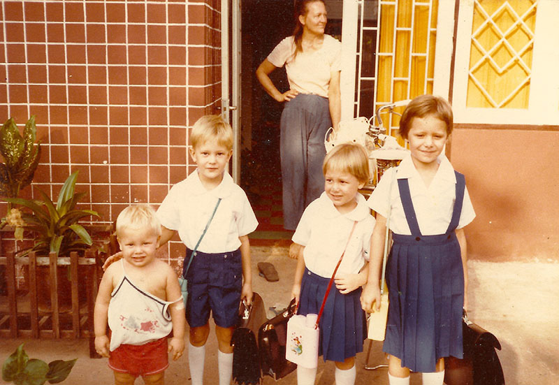 Karin and her mother and siblings about to go to school Nakorn Phanom Thailand early 1980s