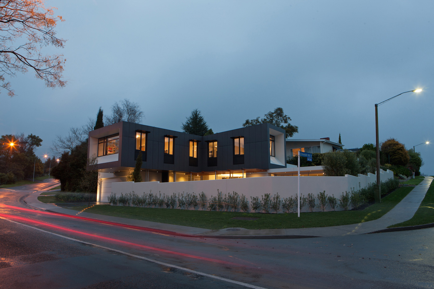Havelock North House Frontage at Night. Wellington architect