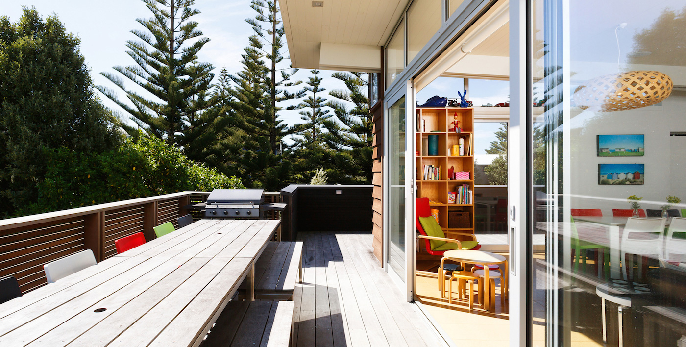 Riversdale Bach - View Across deck. Wellington architect